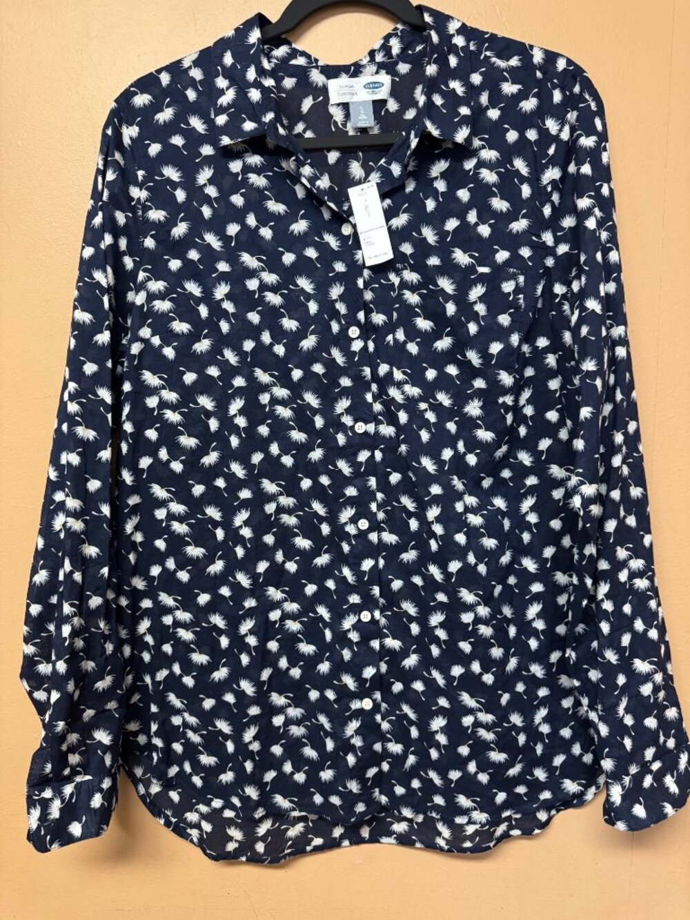 Old Navy Classic Cotton Button Up Shirt Large Tall Navy Floral Long Sleeve